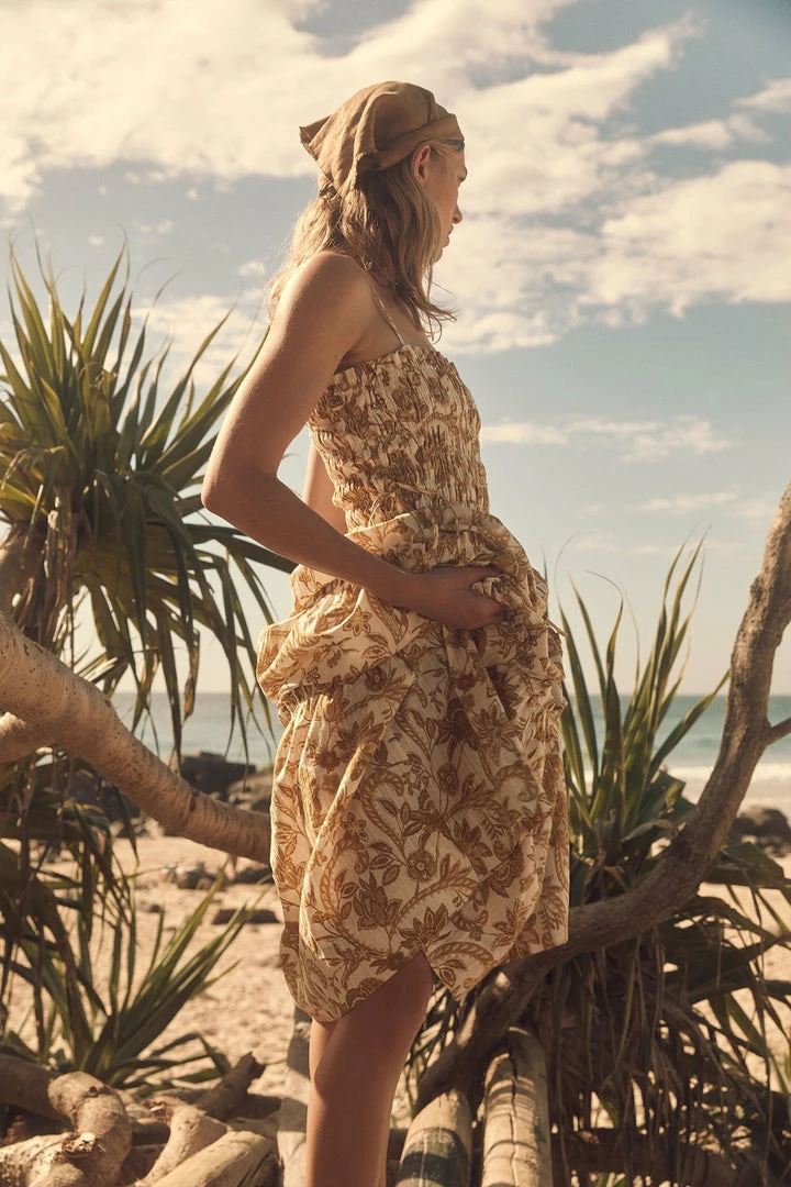 Shona Joy SAFFRON SHIRRED TIERED MIDI DRESS