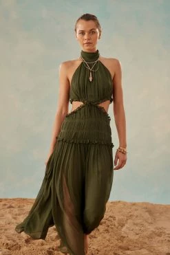 Shona Joy SAFIRA HIGH NECK CUT OUT MIDI DRESS - OLIVE