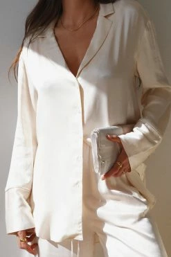 Shona Joy LA LUNE LOUNGE LONG SLEEVE SHIRT SET- CREAM Wedding