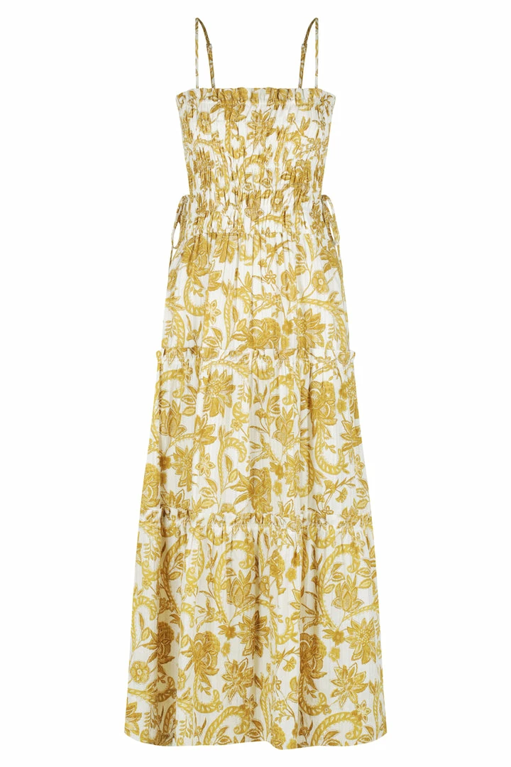 Shona Joy SAFFRON SHIRRED TIERED MIDI DRESS