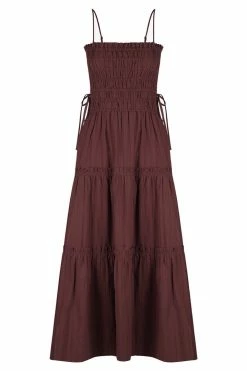 Shona Joy KAIA SHIRRED TIERED MIDI DRESS - CHOCOLATE