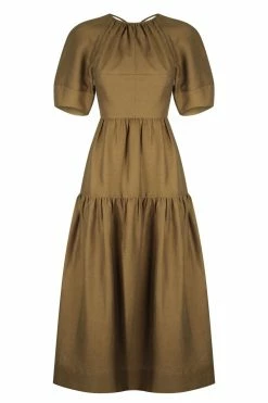 Shona Joy MAYA LINEN SHORT SLEEVE OPEN BACK MIDI DRESS - CUMIN DRESSES