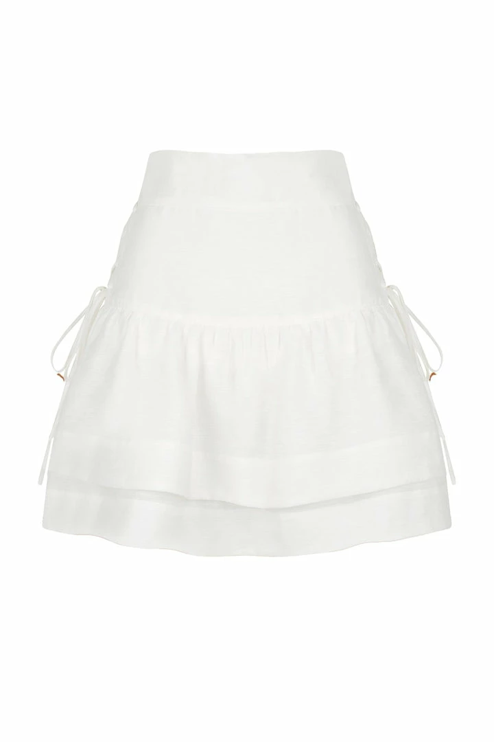 Shona Joy SKIRTS MAYA LINEN LACE UP FRILL MINI SKIRT - IVORY