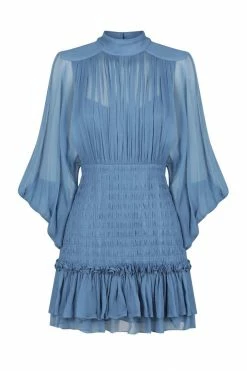 Shona Joy NOEMI LONG SLEEVE RUCHED MINI DRESS - OCEAN DRESSES