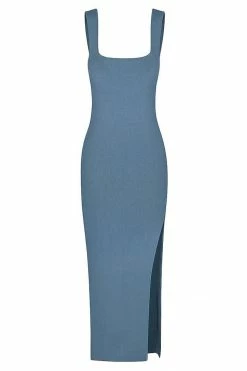 Shona Joy BASIC SQUARE NECK MIDI DRESS - BLUE SMOKE DRESSES