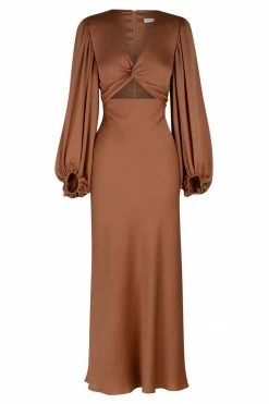 Shona Joy DRESSES LUXE TWIST FRONT BALLOON SLEEVE MIDI DRESS - MOCHA