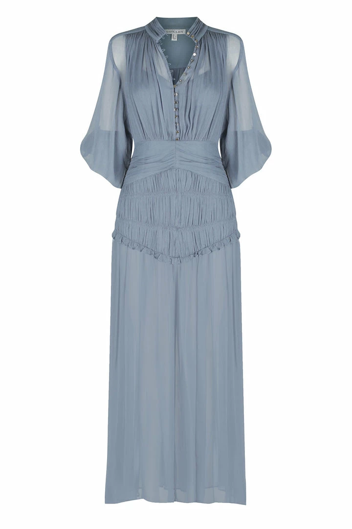 Shona Joy DRESSES KAYLA BUTTON UP RUCHED MIDI DRESS - BLUE SMOKE