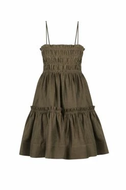 Shona Joy BRUNA LINEN SHIRRED TIERED MINI DRESS - FOREST