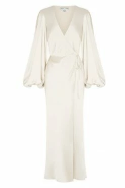 Shona Joy LA LUNE FULL SLEEVE WRAP MIDI DRESS - CREAM DRESSES