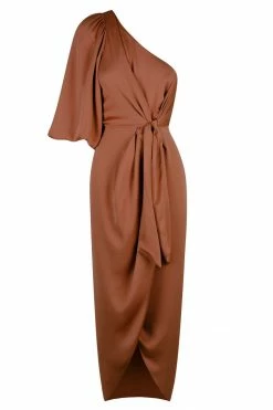 Shona Joy LUXE TIE FRONT ONE SHOULDER DRESS - MOCHA DRESSES