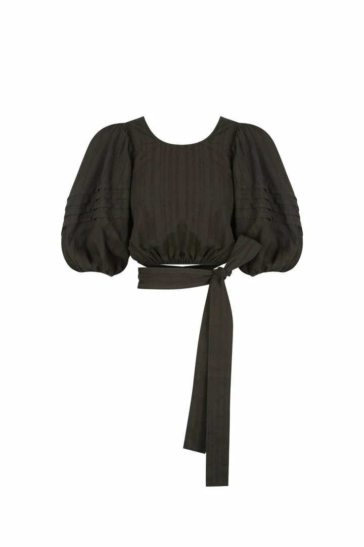 Shona Joy TOPS ELLA SHORT SLEEVE TIE BACK CROP TOP - COAL