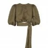 Shona Joy JULIANA LINEN SHORT SLEEVE TIE BACK CROP TOP - FOREST TOPS