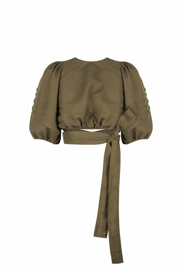 Shona Joy JULIANA LINEN SHORT SLEEVE TIE BACK CROP TOP - FOREST TOPS