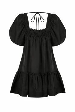 Shona Joy BRUNA LINEN SQUARE NECK SHIRRED MINI DRESS - BLACK DRESSES