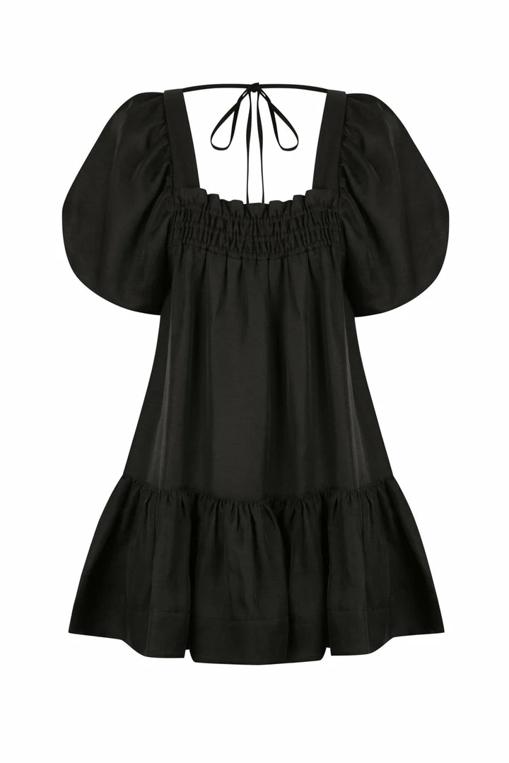 Shona Joy BRUNA LINEN SQUARE NECK SHIRRED MINI DRESS - BLACK DRESSES