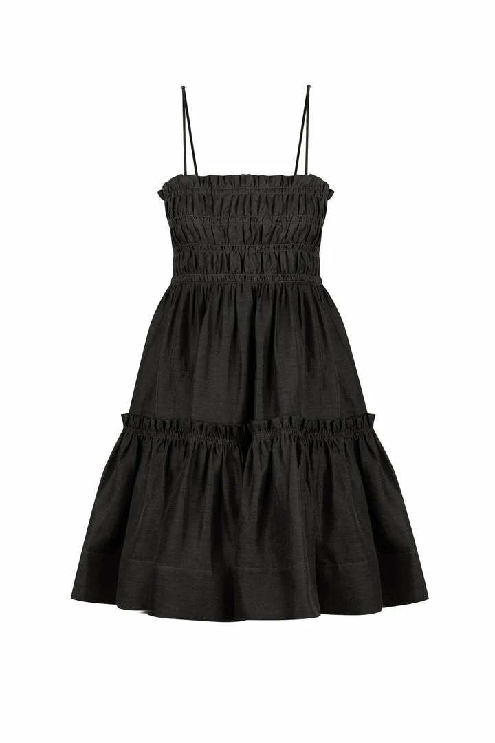 Shona Joy BRUNA LINEN SHIRRED TIERED MINI DRESS - BLACK DRESSES