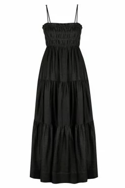 Shona Joy BRUNA LINEN OPEN BACK SHIRRED MIDI DRESS - BLACK