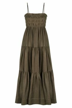 Shona Joy BRUNA LINEN OPEN BACK SHIRRED MIDI DRESS - FOREST DRESSES