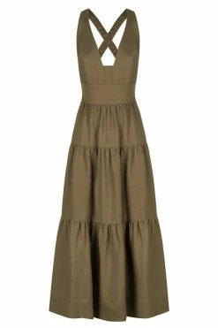 Shona Joy DRESSES JULIANA LINEN PLUNGED CROSS BACK MIDI DRESS - FOREST