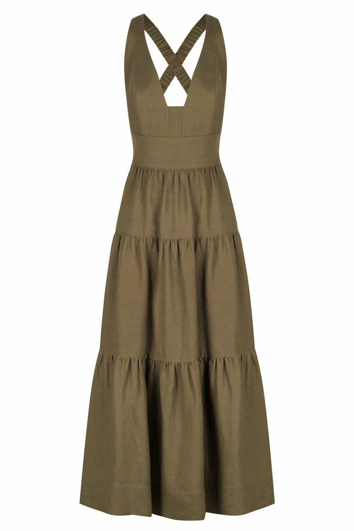 Shona Joy DRESSES JULIANA LINEN PLUNGED CROSS BACK MIDI DRESS - FOREST