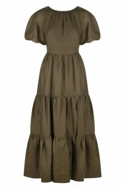 Shona Joy BRUNA LINEN SHORT SLEEVE BACKLESS MIDI DRESS - FOREST