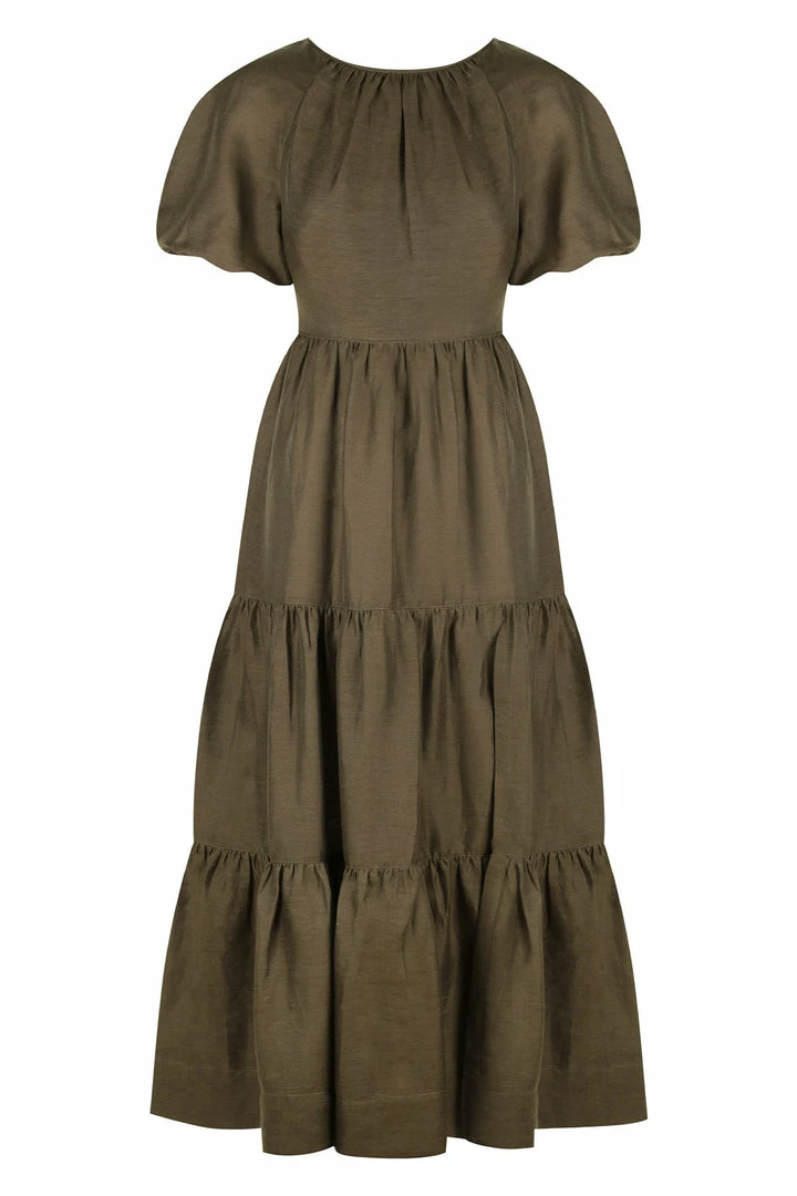 Shona Joy BRUNA LINEN SHORT SLEEVE BACKLESS MIDI DRESS - FOREST