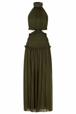 Shona Joy SAFIRA HIGH NECK CUT OUT MIDI DRESS - OLIVE