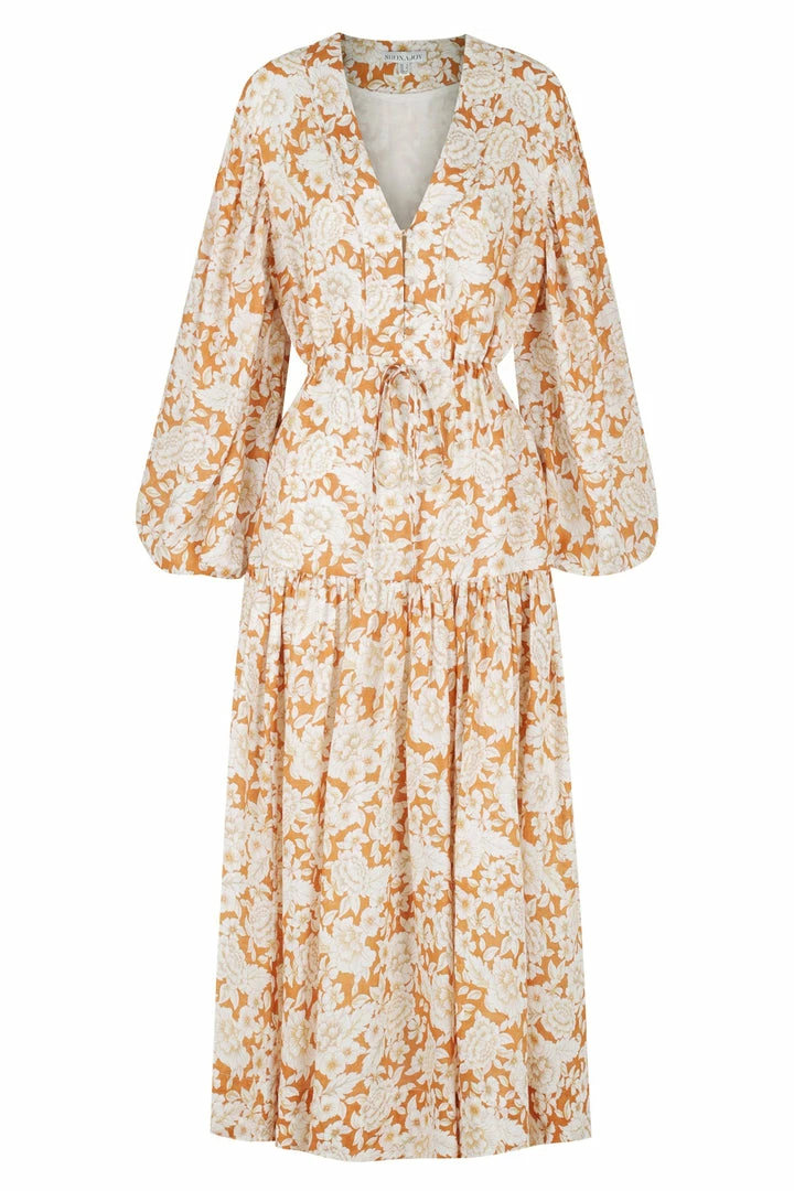 Shona Joy FLOR LINEN BALLOON SLEEVE DRAWSTRING MIDI DRESS DRESSES