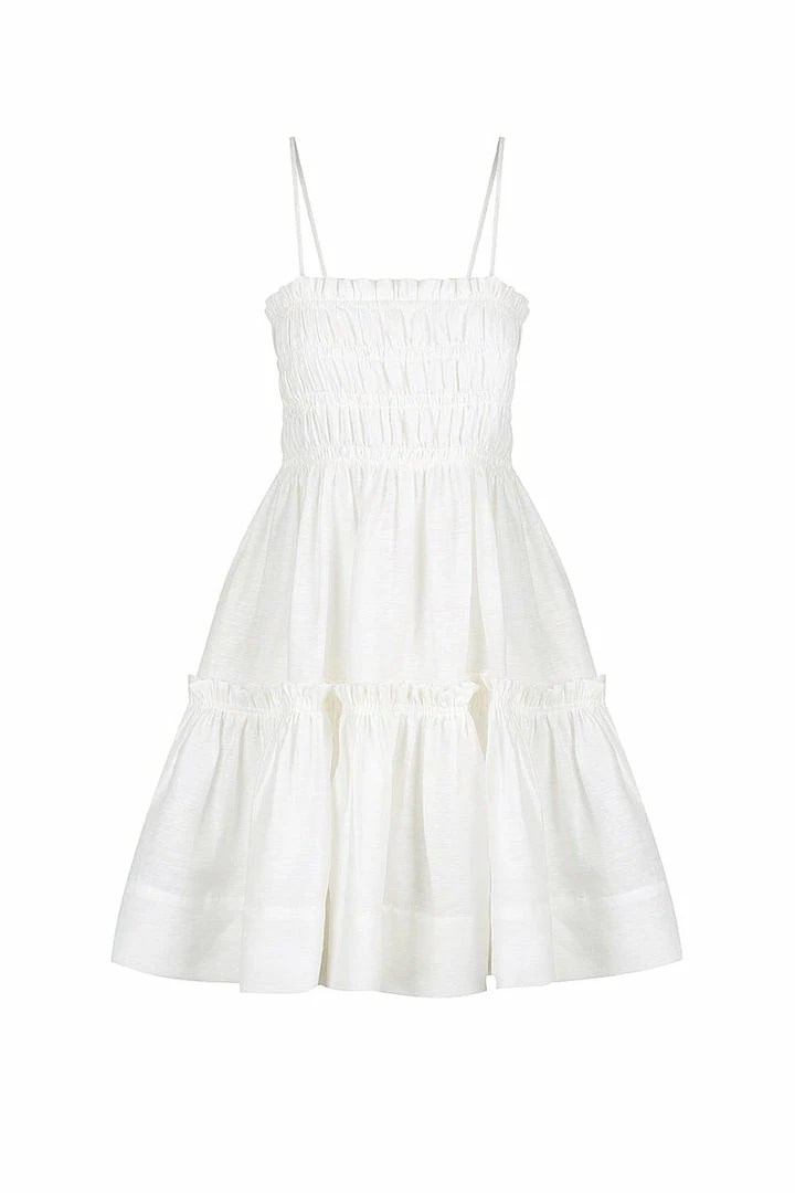 Shona Joy BRUNA LINEN SHIRRED TIERED MINI DRESS - IVORY DRESSES