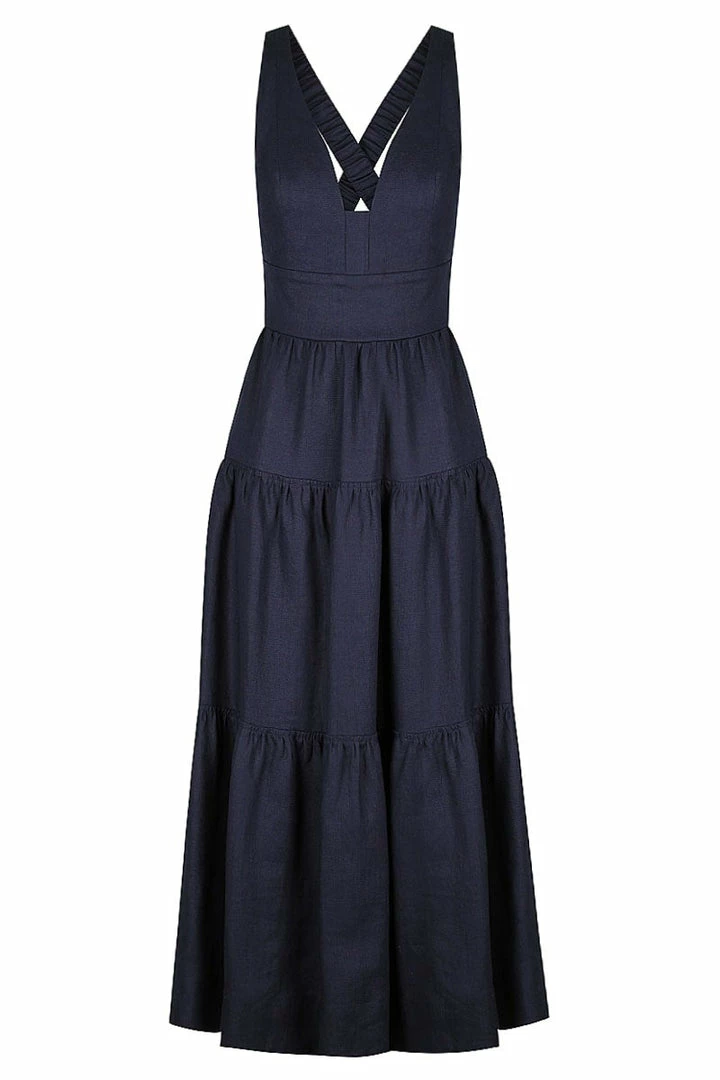 Shona Joy LIGIA LINEN PLUNGED CROSS BACK MIDI DRESS - NAVY