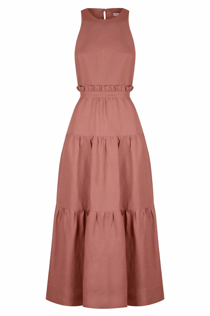 Shona Joy VEGA LINEN TIE BACK MIDI DRESS - ROSE DRESSES