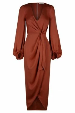 Shona Joy LUXE TIE FRONT BALLOON SLEEVE MIDI DRESS - SANGRIA