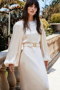 Shona Joy LA LUNE BALLOON SLEEVE MIDI DRESS WITH BELT - CREAM DRESSES