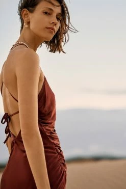 Shona Joy THALIA GATHERED SQUARE NECK BIAS MIDI DRESS - SANGRIA