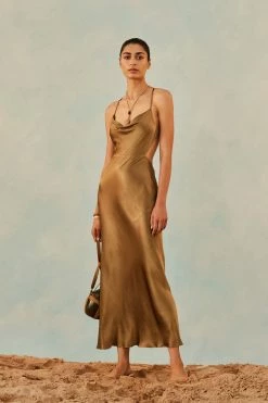 Shona Joy THALIA BIAS CUT OUT MIDI DRESS - CUMIN DRESSES