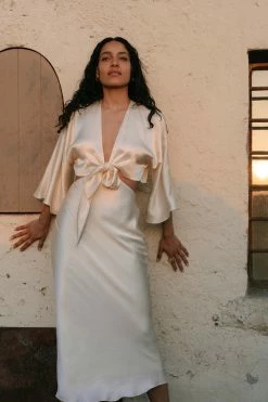 Shona Joy LA LUNE TIE FRONT BIAS MIDI DRESS - CREAM