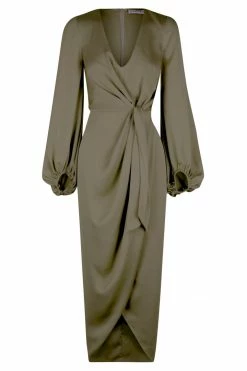 Shona Joy LUXE TIE FRONT BALLOON SLEEVE MIDI DRESS - PINE