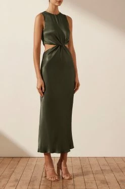 Shona Joy GIORGIA TWIST FRONT SLEEVELESS MIDI DRESS - FOREST DRESSES