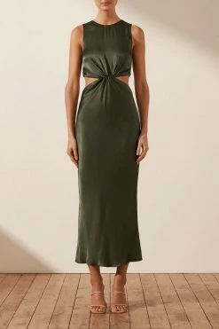 Shona Joy GIORGIA TWIST FRONT SLEEVELESS MIDI DRESS - FOREST DRESSES