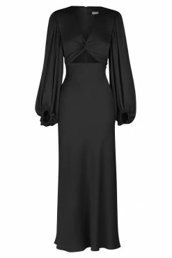 Shona Joy LUXE TWIST FRONT BALLOON SLEEVE MIDI DRESS - ONYX DRESSES