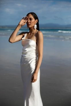 Shona Joy LA LUNE ASYMMETRICAL BIAS COWL MIDI DRESS - CREAM DRESSES