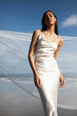 Shona Joy LA LUNE ASYMMETRICAL BIAS COWL MIDI DRESS - CREAM DRESSES