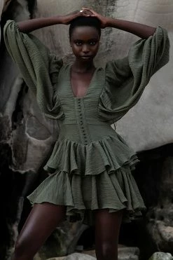 Shona Joy CHARLOTTE PLUNGED DRAPED MINI DRESS - KHAKI