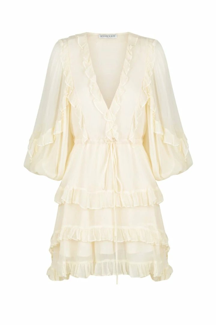 Shona Joy DRESSES IRIS BALLOON SLEEVE FRILL MINI DRESS - CREAM