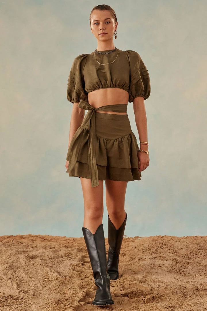 Shona Joy JULIANA LINEN SHORT SLEEVE TIE BACK CROP TOP - FOREST TOPS