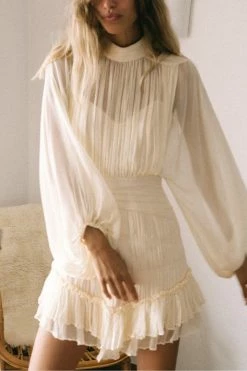Shona Joy VICTORIA LONG SLEEVE RUCHED MINI DRESS - CREAM